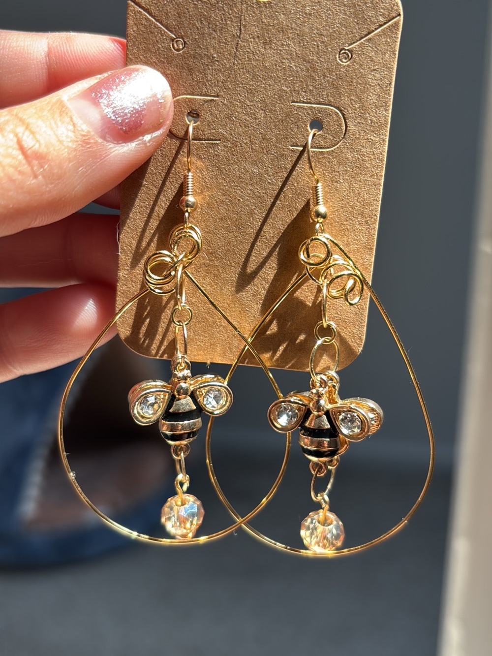 Gold Bee Drop Earrings with Crystal Accents